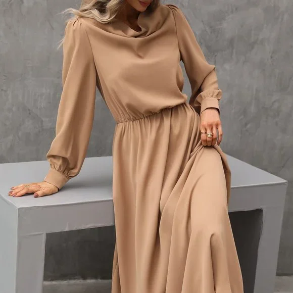 Brand new Draped Collar Bishop Sleeve Dress Camel - Picture 3 of 9